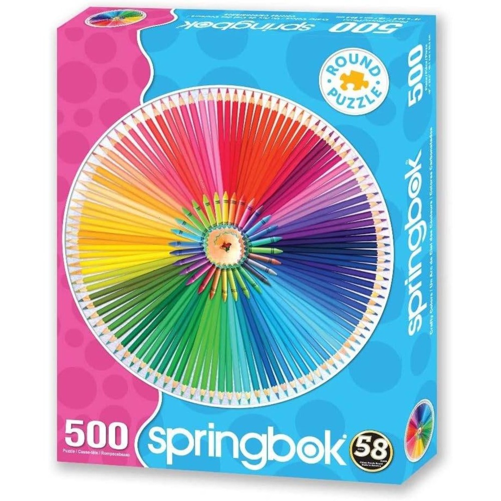 NEW Springbok Round 500 piece jigsaw Puzzle of Crafty Colors Rainbow Crayons!